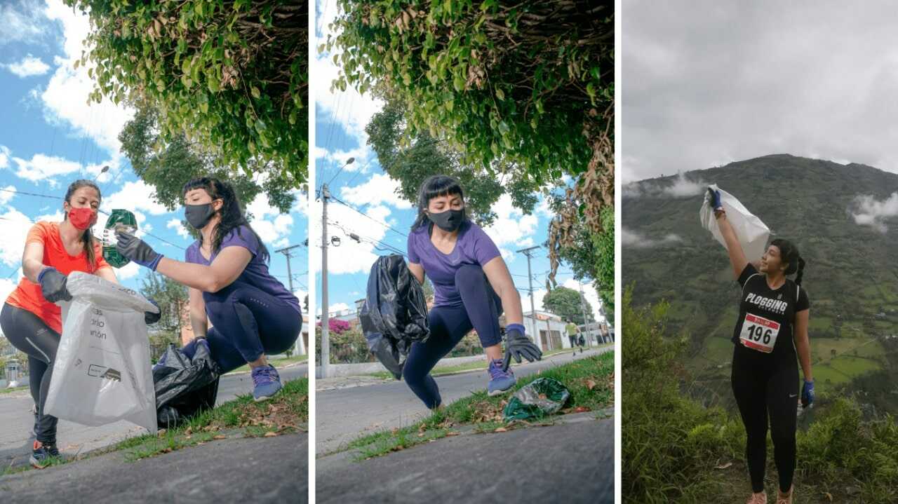 A medida que van corriendo, los voluntarios de Plogging Colombia recogen residuos y los separan en bolsas negras o blancas, según sus características.